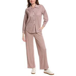 Marion Womens 2P Crinkled Plisse Button Shirt & Pant Set, Pink